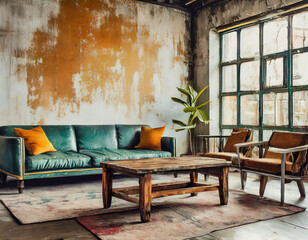 Vintage industrial living room with rugged seating and a distressed wooden table. The mockup wall adds a modern edge, providing a platform for creative expression within the industrial-chic setting.