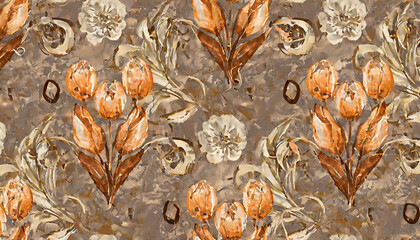 Vintage seamless pattern with tulips. Shabby background with monograms. Luxury vintage floral wallpaper. Orange and brown colors. Watercolor illustration. Texture for fabric, paper, wallpaper design