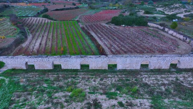 San Andr&eacute;s de Muga aqueduct between vineyards in autumn in Labastida in the province of Alava. Aerial view from a drone. Basque Country, Spain, Europe