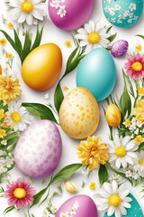 Obraz na płótnie Canvas Spring Easter holiday. Background with eggs and spring flowers. Greeting card background with copy space. Generative Ai