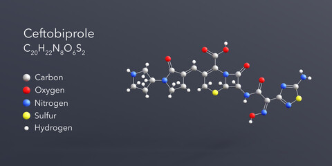 ceftobiprole molecule 3d rendering, flat molecular structure with chemical formula and atoms color coding