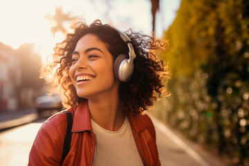 Cool woman listening to music whit headphones in the street - obrazy, fototapety, plakaty