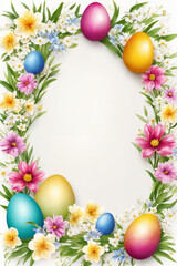 Naklejka na ściany i meble Spring Easter holiday. Background with eggs and spring flowers. Greeting card background with copy space. Generative Ai