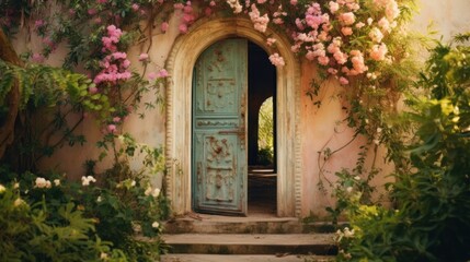 Fototapeta na wymiar A blue door is surrounded by pink flowers