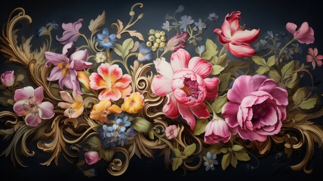 A painting of a bunch of flowers on a wall