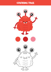 Color cute cartoon red monster. Worksheet for kids.