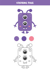 Color cute cartoon purple monster. Worksheet for kids.