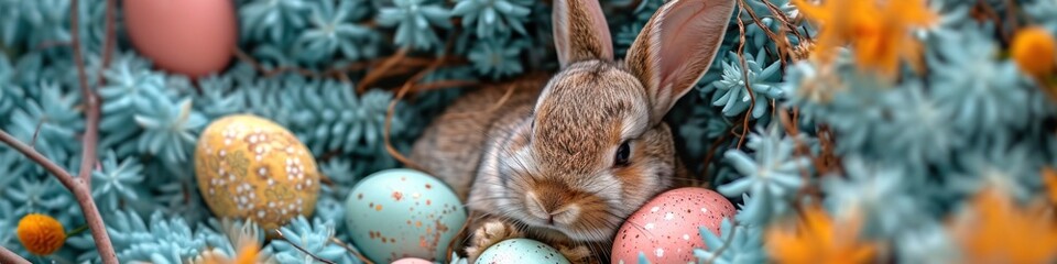 A rabbit is sitting in a bush with eggs