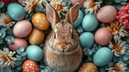 A rabbit sitting in a pile of colorful eggs