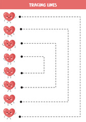 Tracing lines for kids. Cartoon pink kawaii hearts. Handwriting practice.