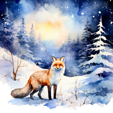 Fuchs im Winter Aquarell Kunst Bild Wildtier Schnee Landschaft Handgemalt Natur Illustration Waldszene Leinwanddruck Tierwelt Wandbild Dekoration Geschenkidee