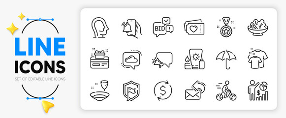 Dollar exchange, Shield and Bid offer line icons set for app include Umbrella, Cloud communication, Cyclist outline thin icon. Love tickets, Clean t-shirt, Seo statistics pictogram icon. Vector