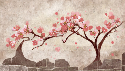 Whimsical cherry blossom pattern on the old vintage stone wall