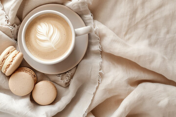 Photo top view, beige mug with cappuccino, beige macaroons on a beige saucer, on a beige tablecloth