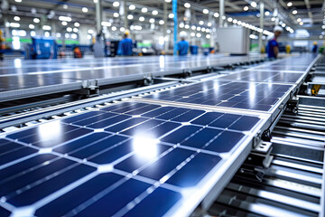Photograph of a solar panel production line, featuring detailed shots of automated assembly, technicians, and the manufacturing process of solar energy technology. - obrazy, fototapety, plakaty
