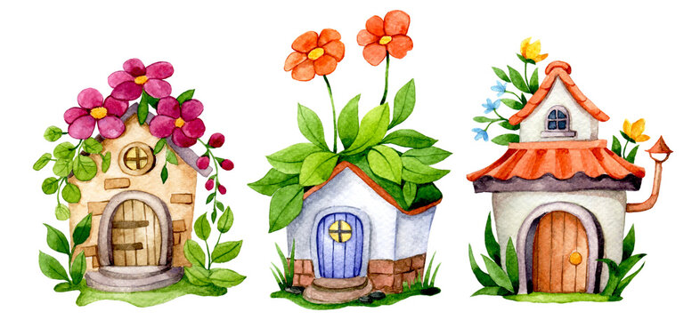 set of cute flower houses, watercolor drawing with fairy house in flower garden
