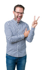 Handsome middle age elegant senior business man wearing glasses over isolated background smiling with happy face winking at the camera doing victory sign. Number two.