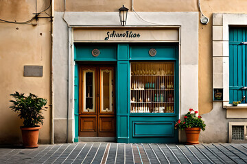 Fototapeta na wymiar small vintage and traditional european boutique facade with colored painted door