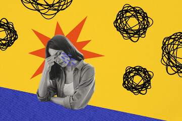 Horizontal pop composite photo collage with young crying depressed woman touch forehead unsolved...