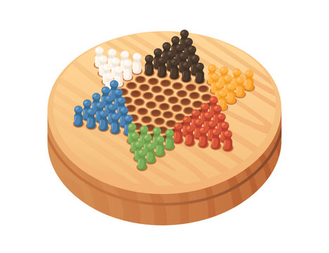 Chinese checkers with round wooden board vector illustration isolated on white background