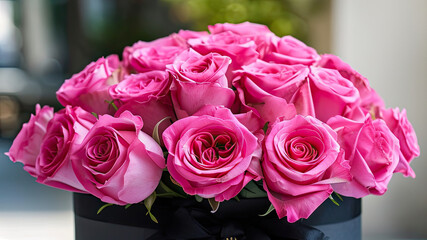 large bouquet of pink roses arranged in a round, black box with a lid.