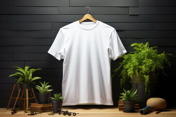 Product mockup photo. White men's T-shirt without logo, printable mockup, high quality cotton fabric, with a slight shadow effect. Copy space.