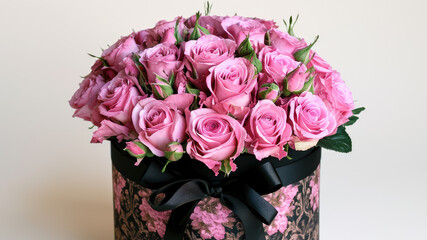 large bouquet of pink roses arranged in a round, black box with a lid.