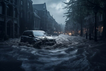 A car driving down a street flooded with water. Climate change and an increase in the number of weather disasters in the world. - obrazy, fototapety, plakaty