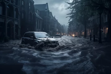 Fotobehang A car driving down a street flooded with water. Climate change and an increase in the number of weather disasters in the world. © Anna