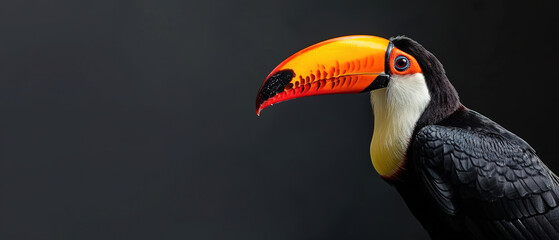 a toucan in jungle landscape wallpaper, wildlife photo, with empty copy space