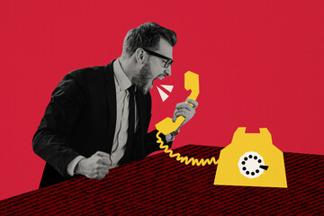 Collage picture of black white colors mad unsatisfied elegant guy yell talk telephone isolated on red background