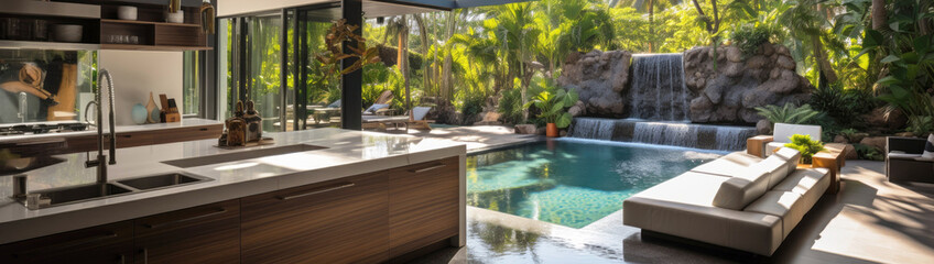 Fototapeta premium Real estate Luxury interior design pool villa in kitchen area which feature island counter and built in furniture. Banner.