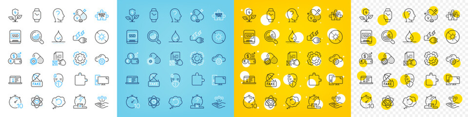 Vector icons set of Electricity plug, Coronavirus pills and No sun line icons pack for web with Puzzle, Ssd, Quiz outline icon. Psychology, Qr code, Recovery data pictogram. Web lectures. Vector