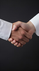 Close-up of a handshake in white business suits, on a light gray background created with Generative Ai