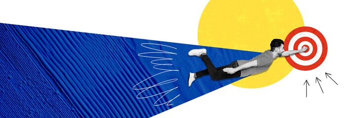 Collage creative poster panorama monochrome effect funny happy successful young man fly achieved...