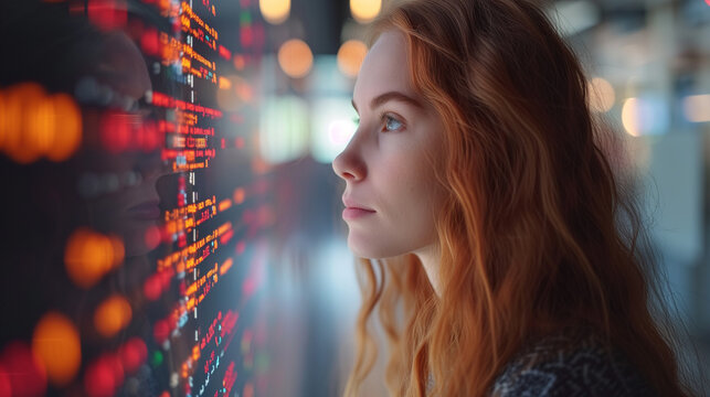 Woman Observing Numbers Displayed on Wall