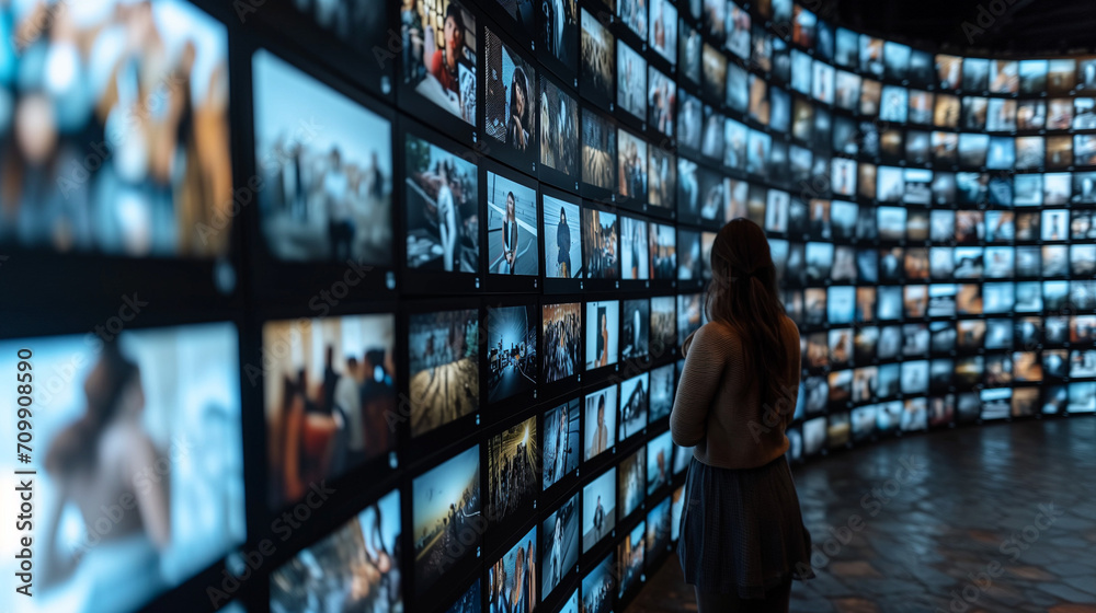 Wall mural woman standing in front of wall of television screens