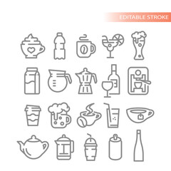 Drinks, coffee and tea line vector icons. Cup, mug and glass outline drink icon set.