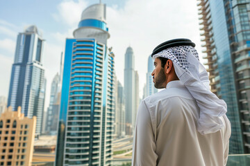 An Arab man stands with his back to a modern tall building. Construction and real estate investments 