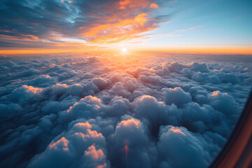 Aerial view of a vibrant sunset above the clouds, seen from an airplane window.