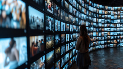 Woman Standing in Front of Wall of Television Screens - obrazy, fototapety, plakaty