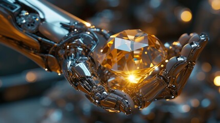 close up robot hands holding illuminated glowing orange diamond, banner, poster