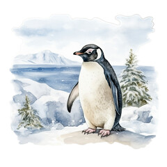 Obraz premium Pinguin im Schnee Aquarell Kunst Bild Antarktische Landschaft Handgemalt Tierillustration Kühle Winteratmosphäre Leinwanddruck Polartier Wandbild Geschenkidee Natur