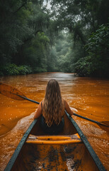 Woman paddling a canoe on a serene, misty river surrounded by lush forest.