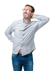Handsome middle age elegant senior man wearing glasses over isolated background Suffering of neck ache injury, touching neck with hand, muscular pain