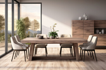 Modern interior of dining room, living room with wooden dining table and chairs.