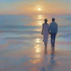 Couple holding hands on the beach at sunset. Pastel colors in impressionist style.