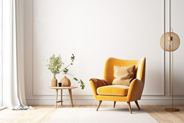 Living room interior, yellow chair, minimalism.