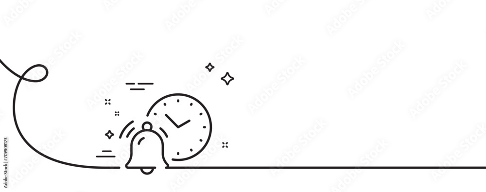 Poster alarm clock bell line icon. continuous one line with curl. time reminder sign. notification clock sy