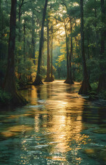 Sunlight filtering through a serene forest, casting reflections on a tranquil waterway with towering trees.